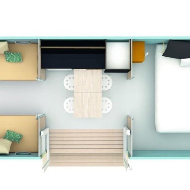 Plan int&eacute;rieur d'une location Coco Sweet au Camping Beauregard **** Sites & Paysages By Le French Time &agrave; Mesnois dans le Jura, au coeur de la r&eacute;gion des Lacs !